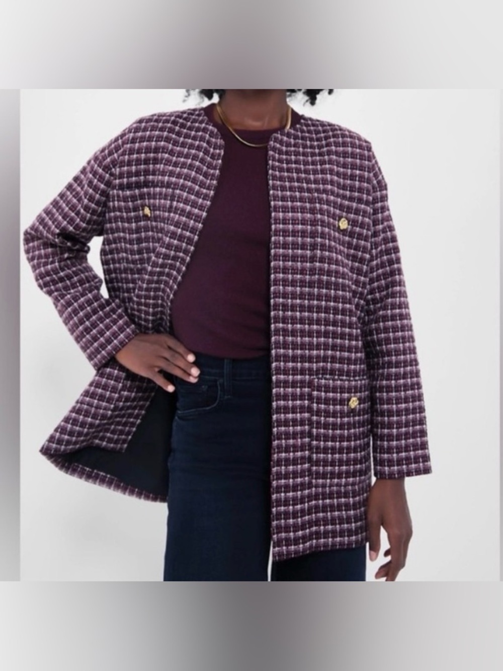 Pomander Place Gigi Plum Tweed Open Front Blazer